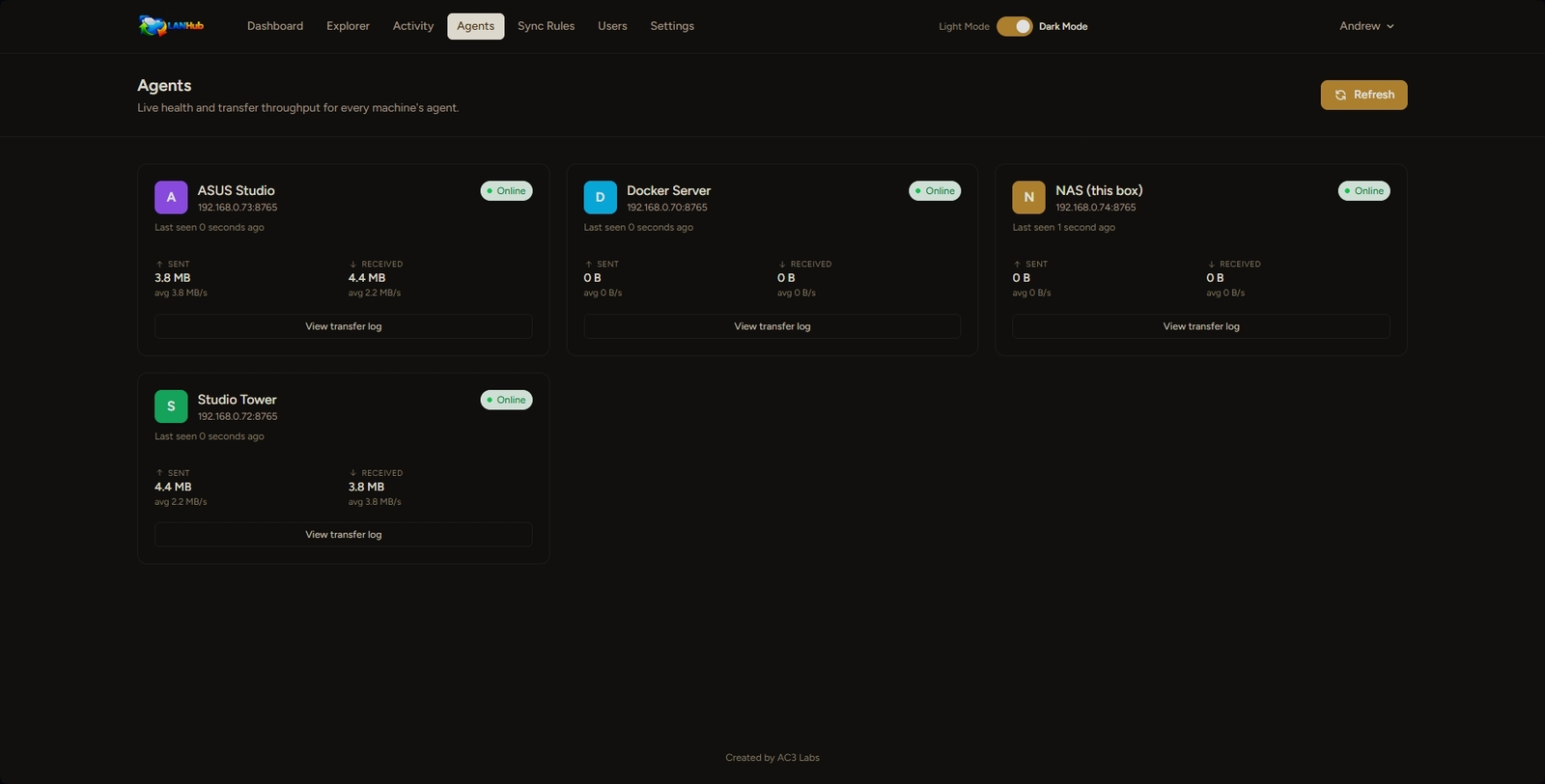 Agents page showing online status, last-seen heartbeat, and sent/received throughput for every registered machine
