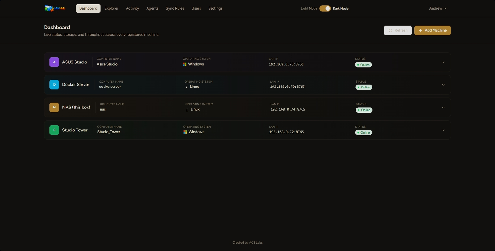 LANHub dashboard in dark mode