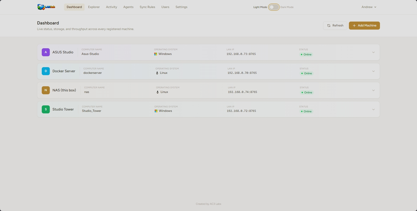 LANHub dashboard in light mode