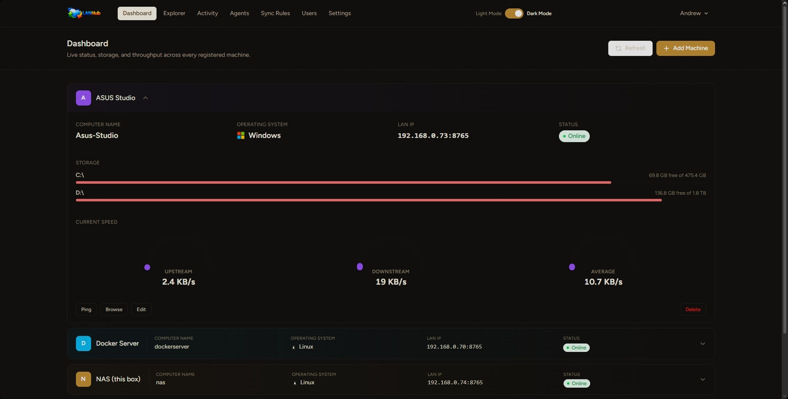 LANHub dashboard showing live status and storage for every registered machine