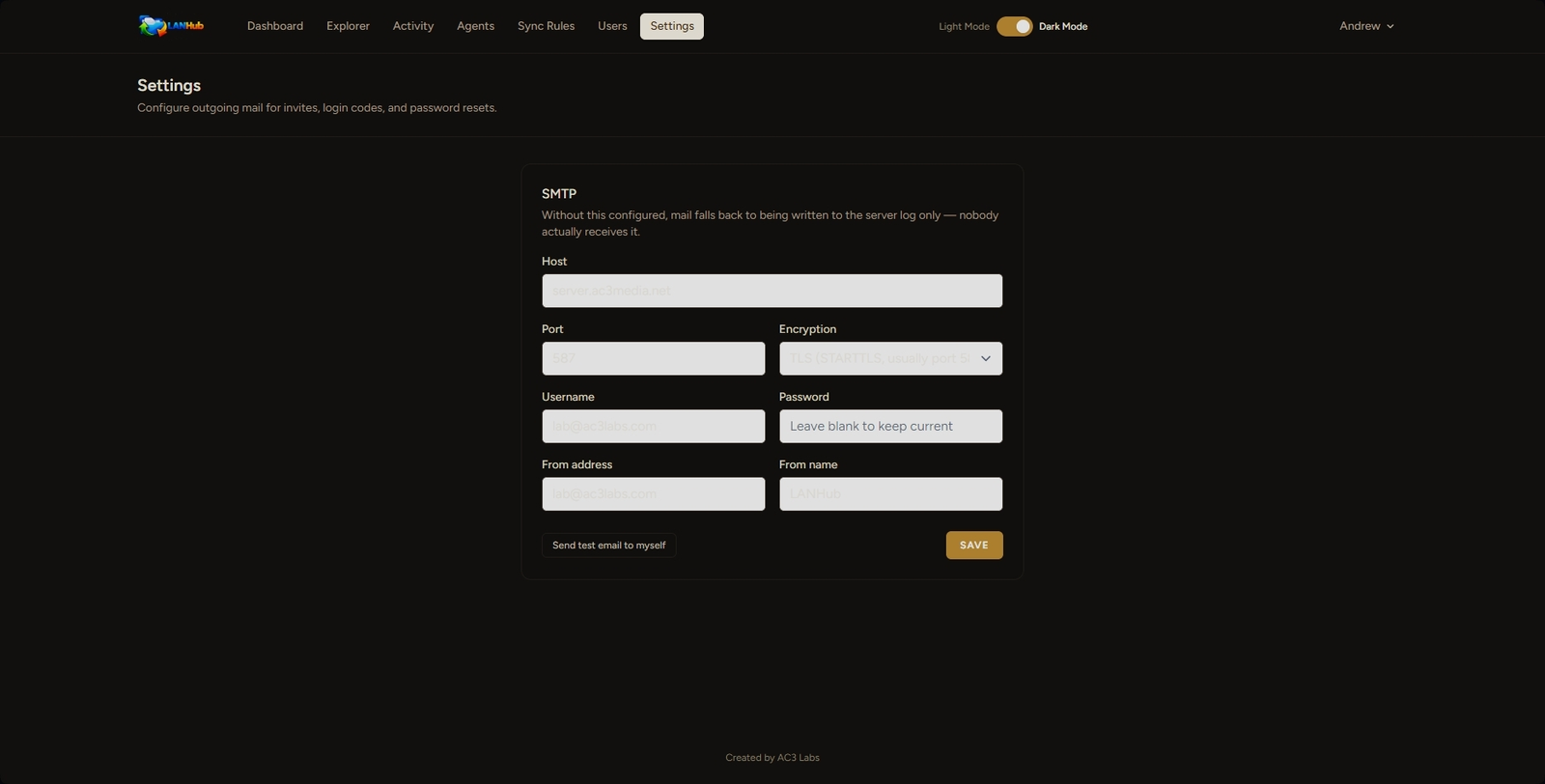 Settings page with an SMTP configuration form for host, port, encryption, username, password, and from address