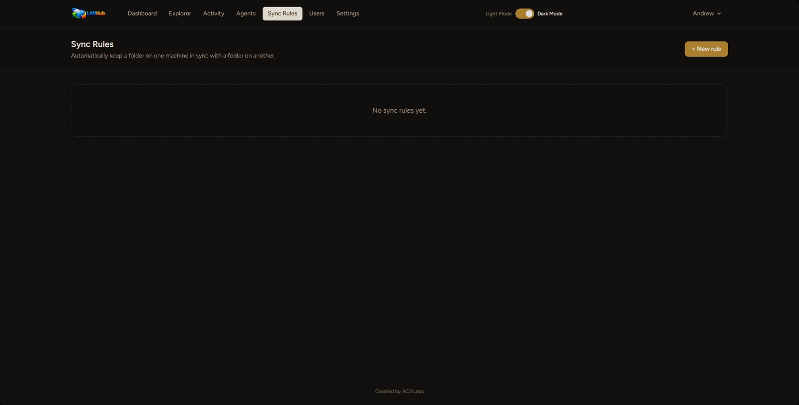 Sync Rules page with a New Rule button for scheduling folder sync between machines